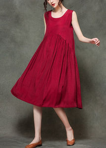 Casual Wine Red O-Neck Wrinkled Long Dresses Sleeveless gk-SDL220722