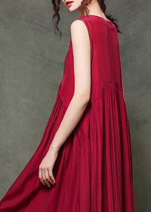 Casual Wine Red O-Neck Wrinkled Long Dresses Sleeveless gk-SDL220722