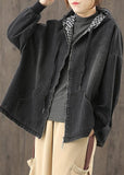 Chic denim black clothes hooded pockets baggy blouse TCT200915