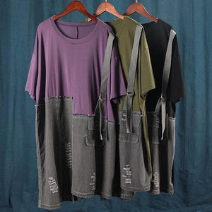 Chic purple patchwork denim dress pattern o neck baggy summer Dress SDM200802