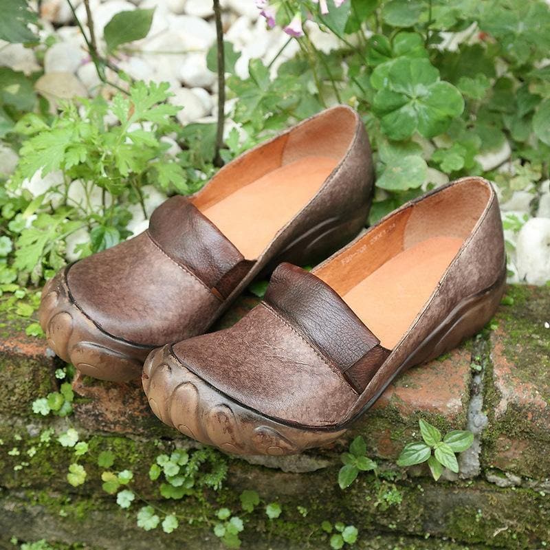 Chocolate Genuine Leather Vintage Flats  Flat Feet Shoes PDX210617