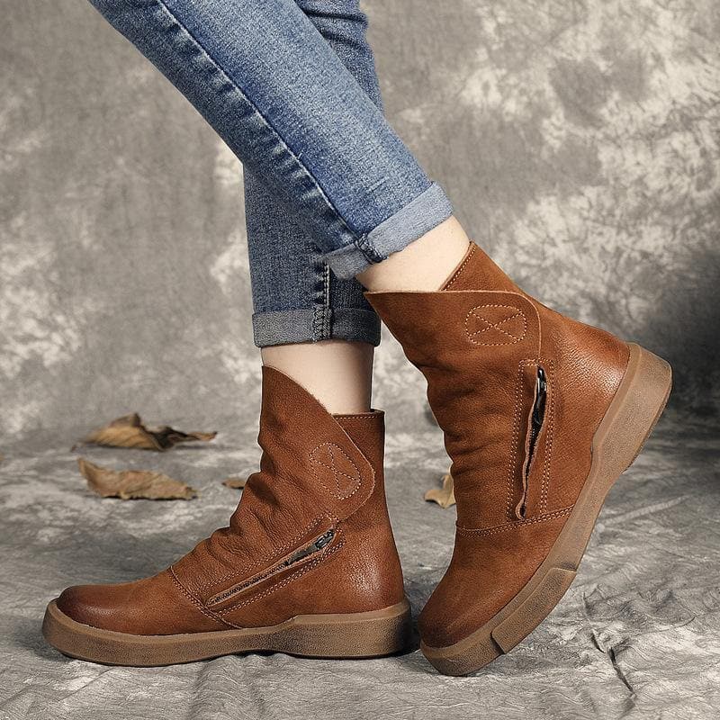 Chocolate zippered Casual  Boots Cowhide Leather XZ210706