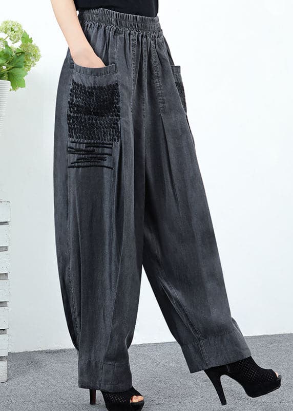 Classy Black Grey Pockets wrinkled denim Pants Spring WF-LPTS220107