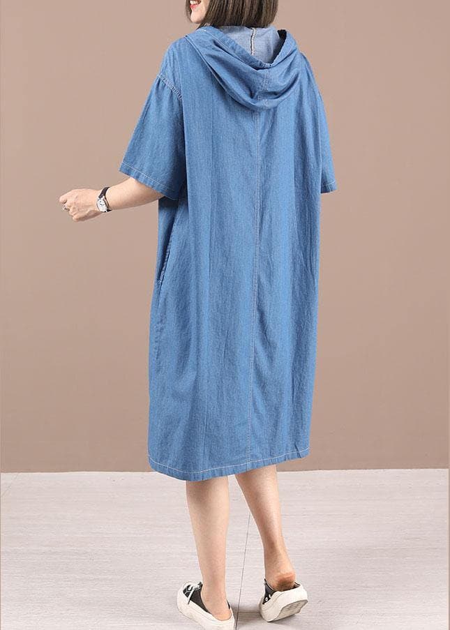 Classy Blue hooded Button Denim Dress Summer 210722