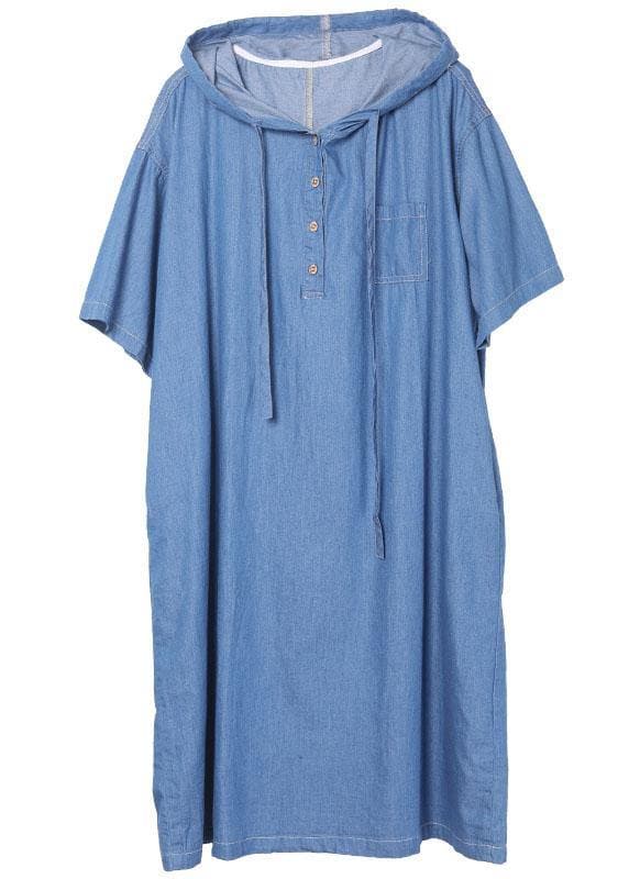 Classy Blue hooded Button Denim Dress Summer 210722