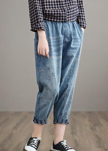 Classy Denim Blue Pant Spring Elastic Waist Embroidery Work Outfits Women Trousers LPTS210203