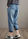 Classy Denim Blue Pant Spring Elastic Waist Embroidery Work Outfits Women Trousers LPTS210203