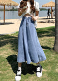 Classy Denim Light Blue High Waist Patchwork Button Cotton A Line Skirts Summer nz-SKTS220524