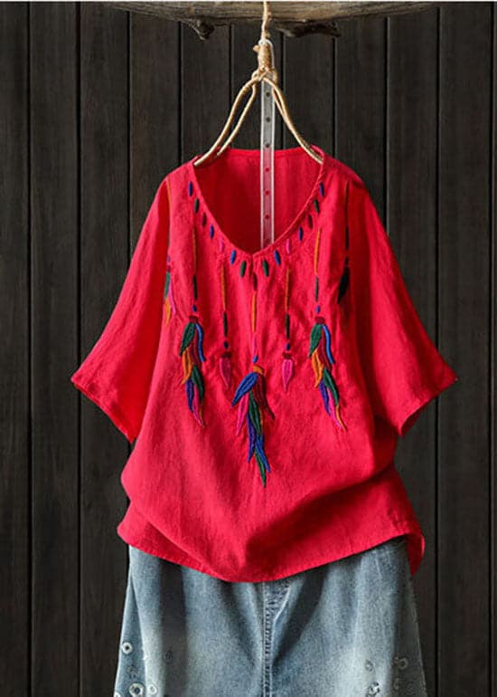 Classy Red Embroideried low high design V Neck Linen Shirt Top Short Sleeve GK-STP220228