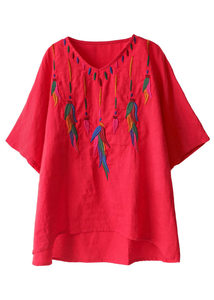 Classy Red Embroideried low high design V Neck Linen Shirt Top Short Sleeve GK-STP220228