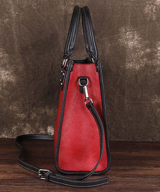 Classy Red Floral Paitings Calf Leather Tote Handbag BGS220210