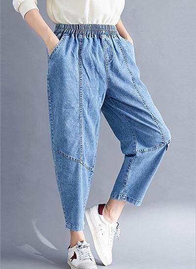 Classy Spring Women Pants Fashion Denim Blue Photography Elastic Waist Patchwork Pant LPTS190830
