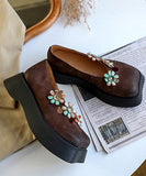 Coffee Flat Feet Shoes Platform Cowhide Leather Unique Floral Flat Shoes BX-PDX220407