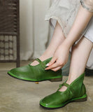 Comfortable Solid Green Flat Feet Shoes Cowhide Leather Upper Buckle Strap Flat Shoes SHOE-PDX220328