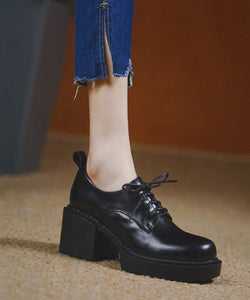 Comfy Black Cowhide Leather High Heels Lace Up Platform High Heels PDD-GGX220831