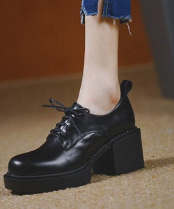 Comfy Black Cowhide Leather High Heels Lace Up Platform High Heels PDD-GGX220831