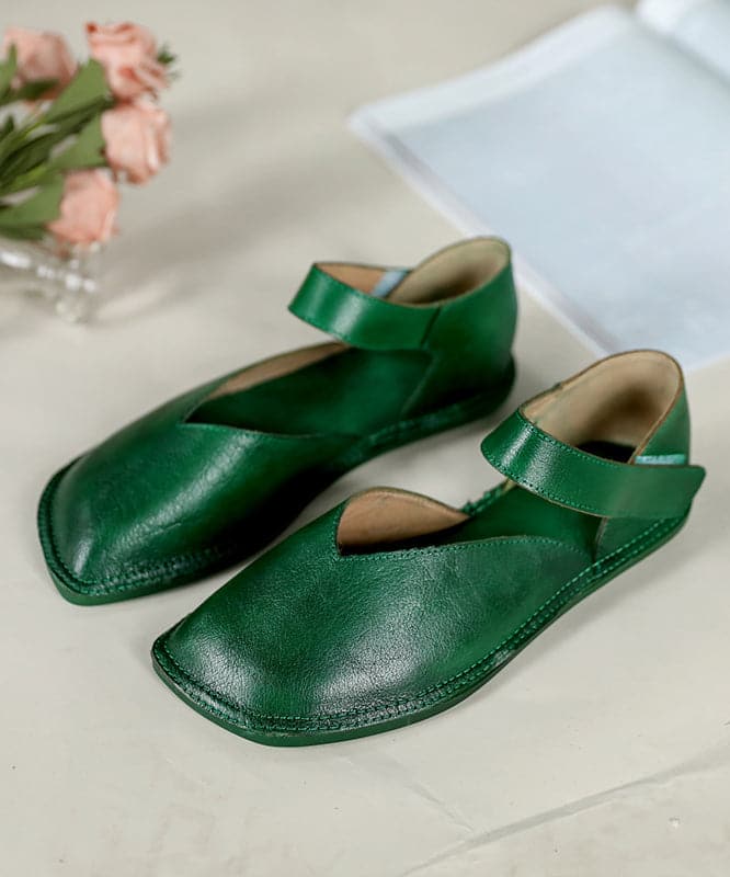Comfy Green Flats Cowhide Leather Handmade Buckle Strap Flat Shoes BX-PDX220407