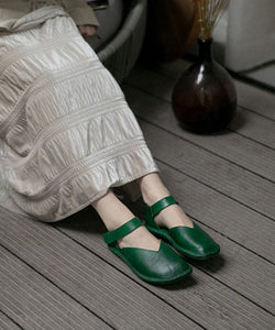 Comfy Green Flats Cowhide Leather Handmade Buckle Strap Flat Shoes BX-PDX220407