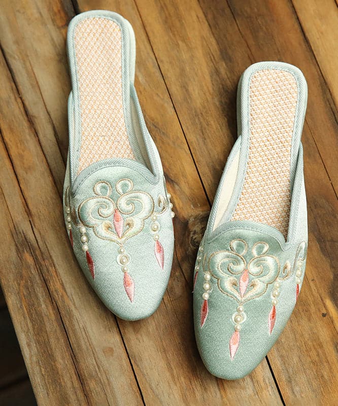 Comfy Light Green Embroideried Pearl Cotton Fabric Slide Sandals SHOE-LT220328