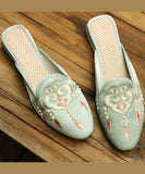 Comfy Light Green Embroideried Pearl Cotton Fabric Slide Sandals SHOE-LT220328