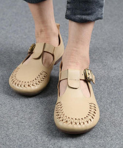 Cowhide Beige Leather Flat Shoes For Women Buckle Strap Hollow Out Flat Shoes XZ-PDX210622