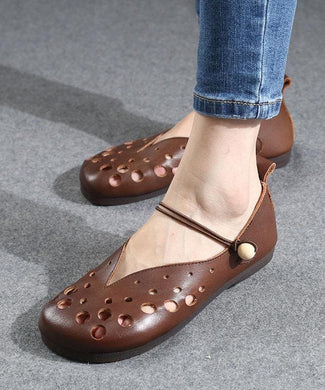 Cowhide Chocolate Leather Flat Shoes For Women Hollow Out Flat Shoes XZ-PDX210622