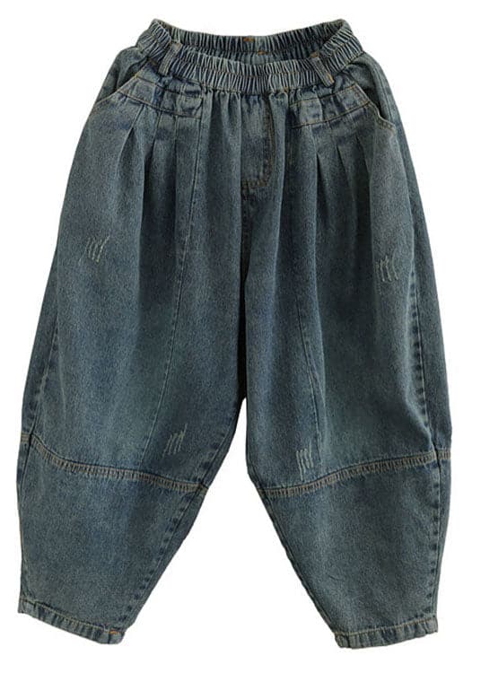 DIY Blue High Waist Pockets wrinkled Harem Fall Denim Pants GK-LPTS211019