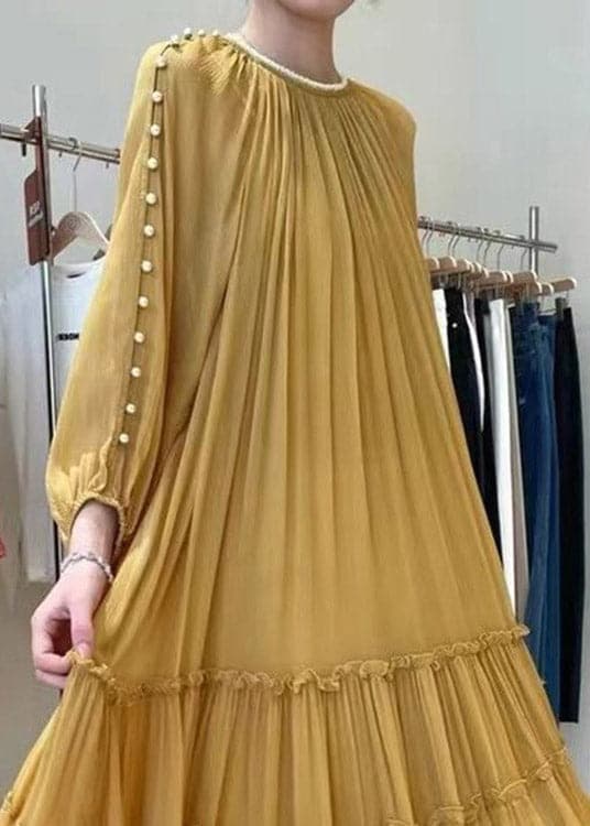 DIY Yellow O-Neck Nail bead Ruffled Silk Dress Long Sleeve GD-SDL22071401