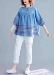 DIY denim blue cotton shirts women stand collar embroidery summer blouse HTP190507
