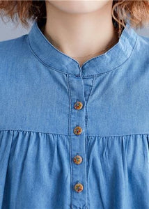 DIY denim blue cotton shirts women stand collar embroidery summer blouse HTP190507
