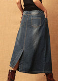 Dark Blue Patchwork Cotton Denim Skirt High Waist Side Open Summer nz-SKTS220519