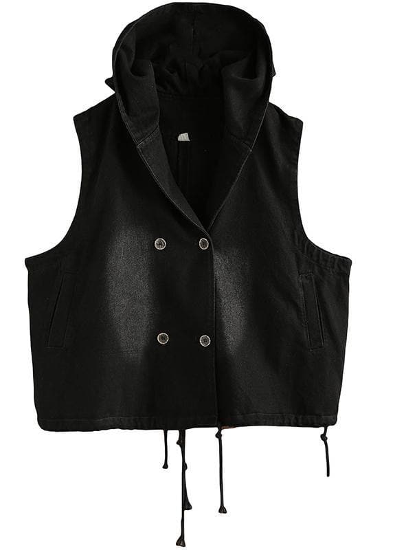 Denim Black Waistcoat 2021 Autumn Loose Large Size Tooling Double Breasted Hooded Vest TCT200915