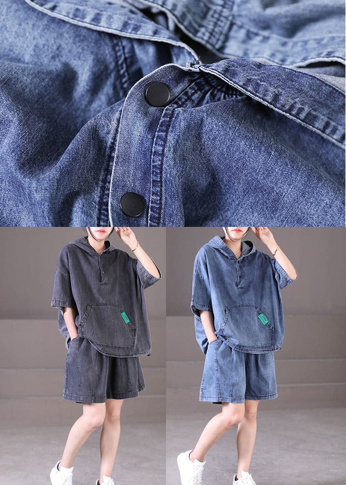 Denim Blue Cotton Tops And Shorts Two Piece Set Outfits Hooded Drawstring Summer WG-TPIEC220722