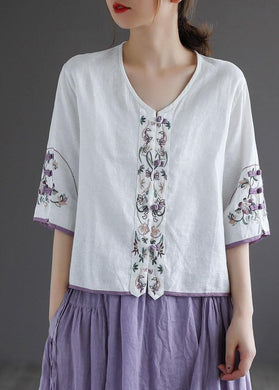 Diy White Button Embroideried Summer Linen Half Sleeve Shirt Top GK-HTP210810