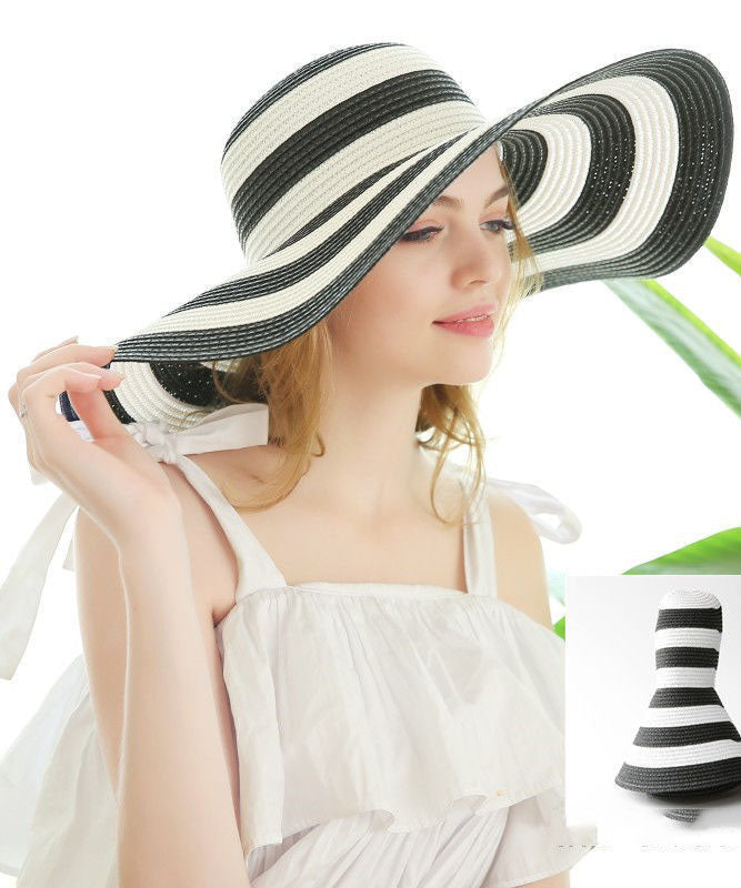 Elegant Black White Striped Straw Woven Holiday Floppy Sun Hat dylinoshop