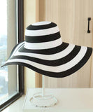 Elegant Black White Striped Straw Woven Holiday Floppy Sun Hat dylinoshop