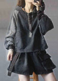 Elegant Black hooded Patchwork Button Fall Denim Pullover Street wear BSJK-LTP211013