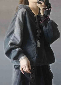Elegant Black hooded Patchwork Button Fall Denim Pullover Street wear BSJK-LTP211013