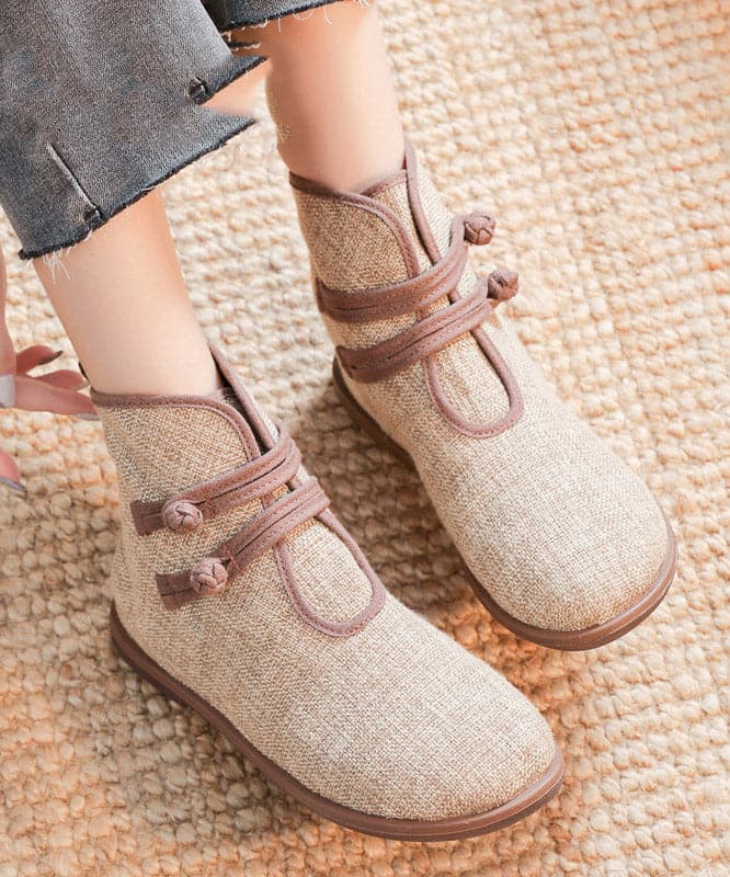 Elegant Buckle Strap Ankle Boots Khaki Comfy Cotton Fabric SHOE-XZ220328