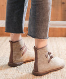 Elegant Buckle Strap Ankle Boots Khaki Comfy Cotton Fabric SHOE-XZ220328