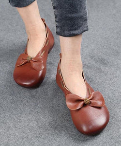Elegant Chocolate Bow Cowhide Flat Shoes For Women XZ-PDX210622