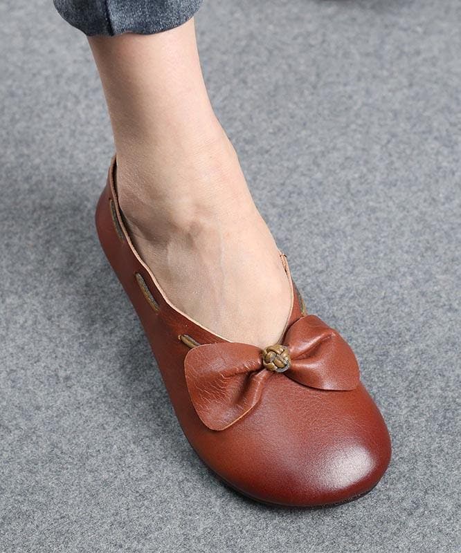 Elegant Chocolate Bow Cowhide Flat Shoes For Women XZ-PDX210622