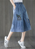 Elegant Denim Blue Elastic Waist Embroideried Cotton Wide Leg Pants Summer GK-CPTS220623