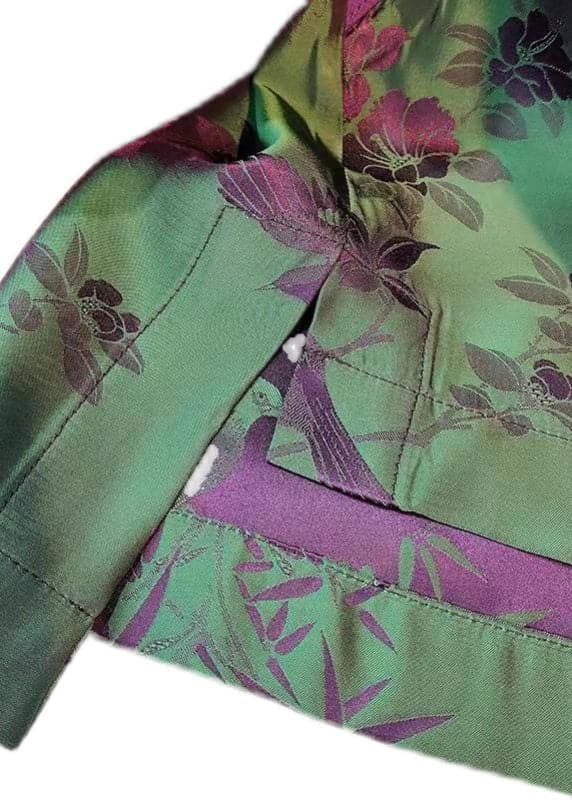 Elegant Green Stand Collar Patchwork Jacquard side open Silk Shirts Long Sleeved ZS-LTP220317