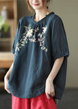 Elegant Navy Ruffled Embroideried Summer Linen Shirt GK-HTP210721