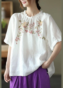 Elegant Navy Ruffled Embroideried Summer Linen Shirt GK-HTP210721