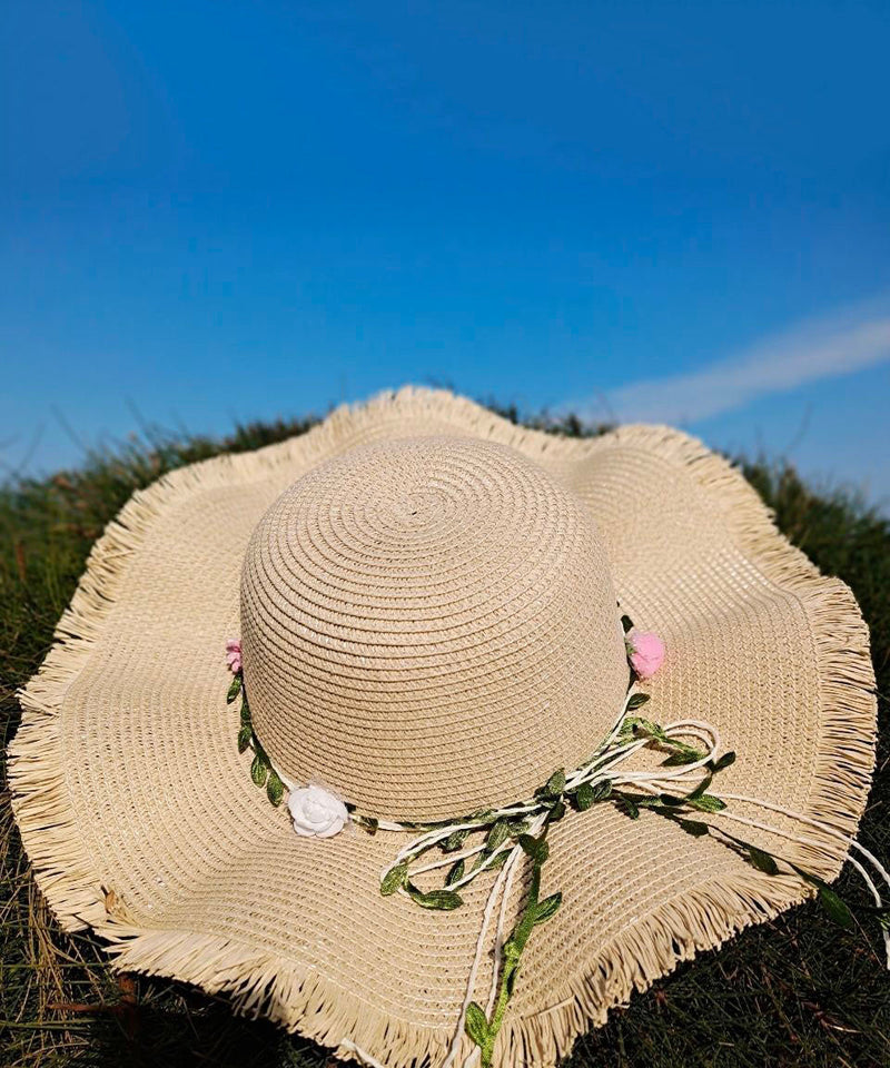 Elegant Pink Straw Woven Beach Floppy Sun Hat dylinoshop