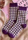 Elegant Purple Plaid Jacquard Cotton Mid Calf Socks dylinoshop