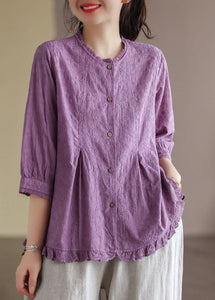 Elegant Purple Wrinkled Embroideried Linen Shirts Bracelet Sleeve GK-HTP220506