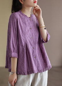 Elegant Purple Wrinkled Embroideried Linen Shirts Bracelet Sleeve GK-HTP220506